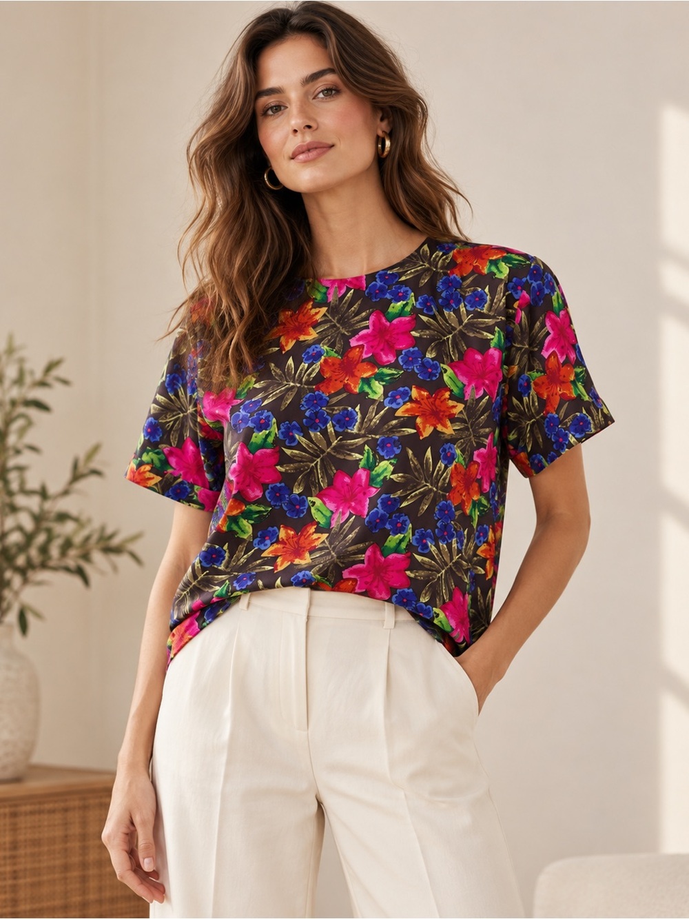 Vintage Jan Leslie Black Silk Floral Crewneck Top Sz 16